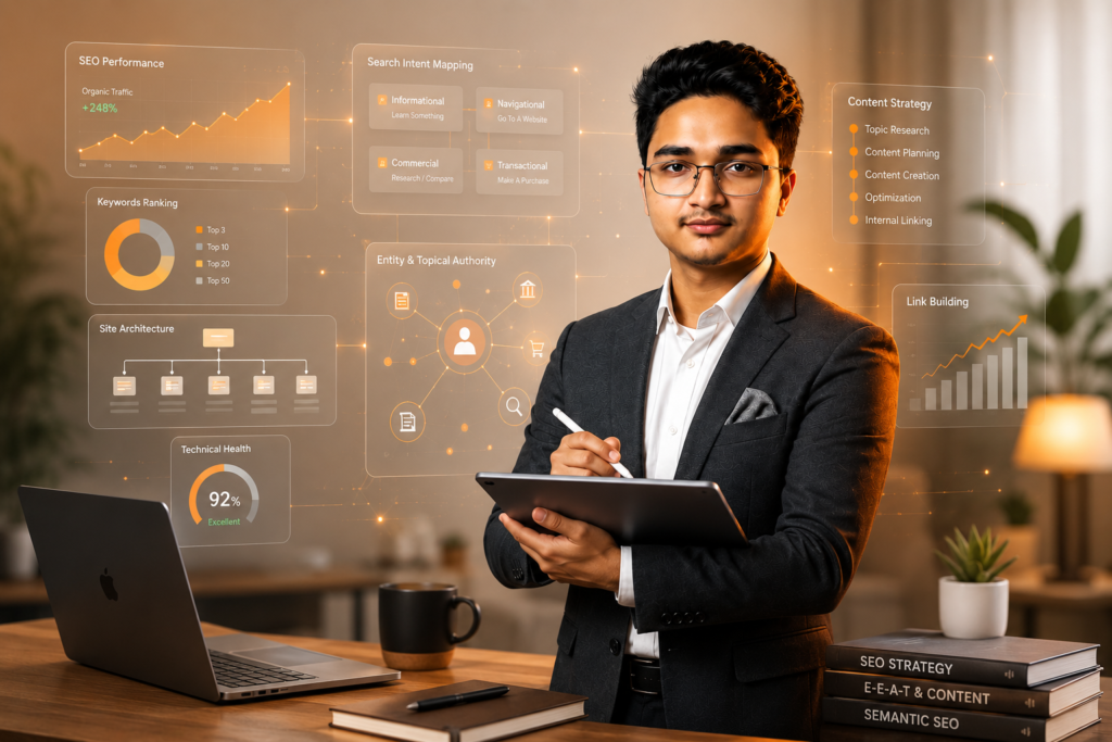 Best AI Driven SEO Expert Tanveer Evan Rahat developing an industry-specific SEO strategy with search intent, technical SEO, content, and topical authority analysis
