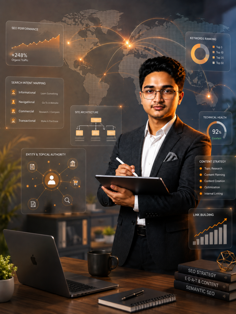 Tanveer Evan Rahat developing an international industry SEO strategy with global search analytics and market insights